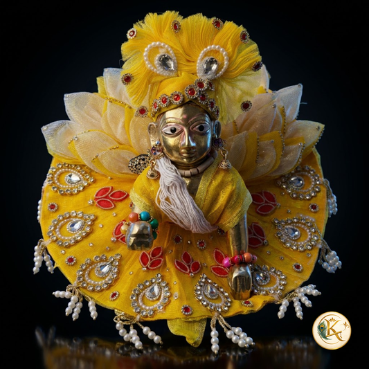 Premium Yellow Designer Laddu Gopal Poshak with Floral Frill, Peacock Mukut & Stone Work | Handmade Kanha Ji Dress | Festival Special (Bansuri Free)