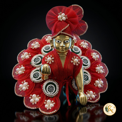 🌸 Laddu Gopal Red Flower Poshak Set with Designer Mukut, Mala & Free Bansuri