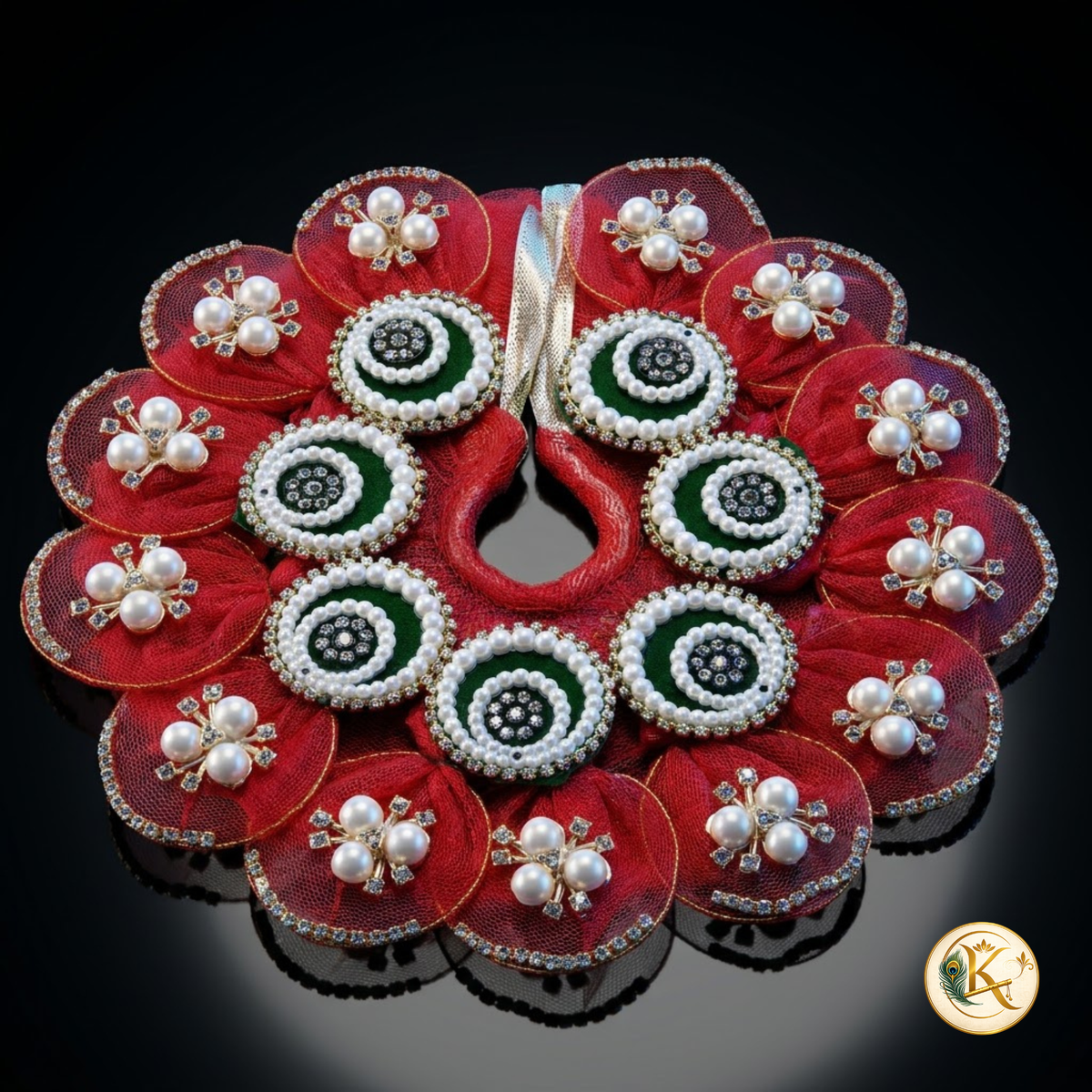 🌸 Laddu Gopal Red Flower Poshak Set with Designer Mukut, Mala & Free Bansuri