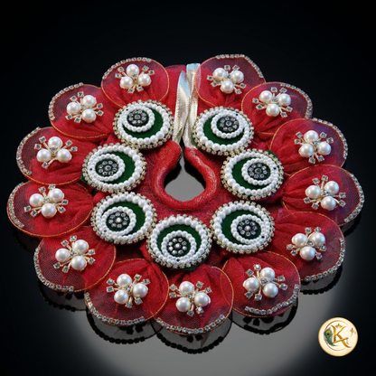 🌸 Laddu Gopal Red Flower Poshak Set with Designer Mukut, Mala & Free Bansuri