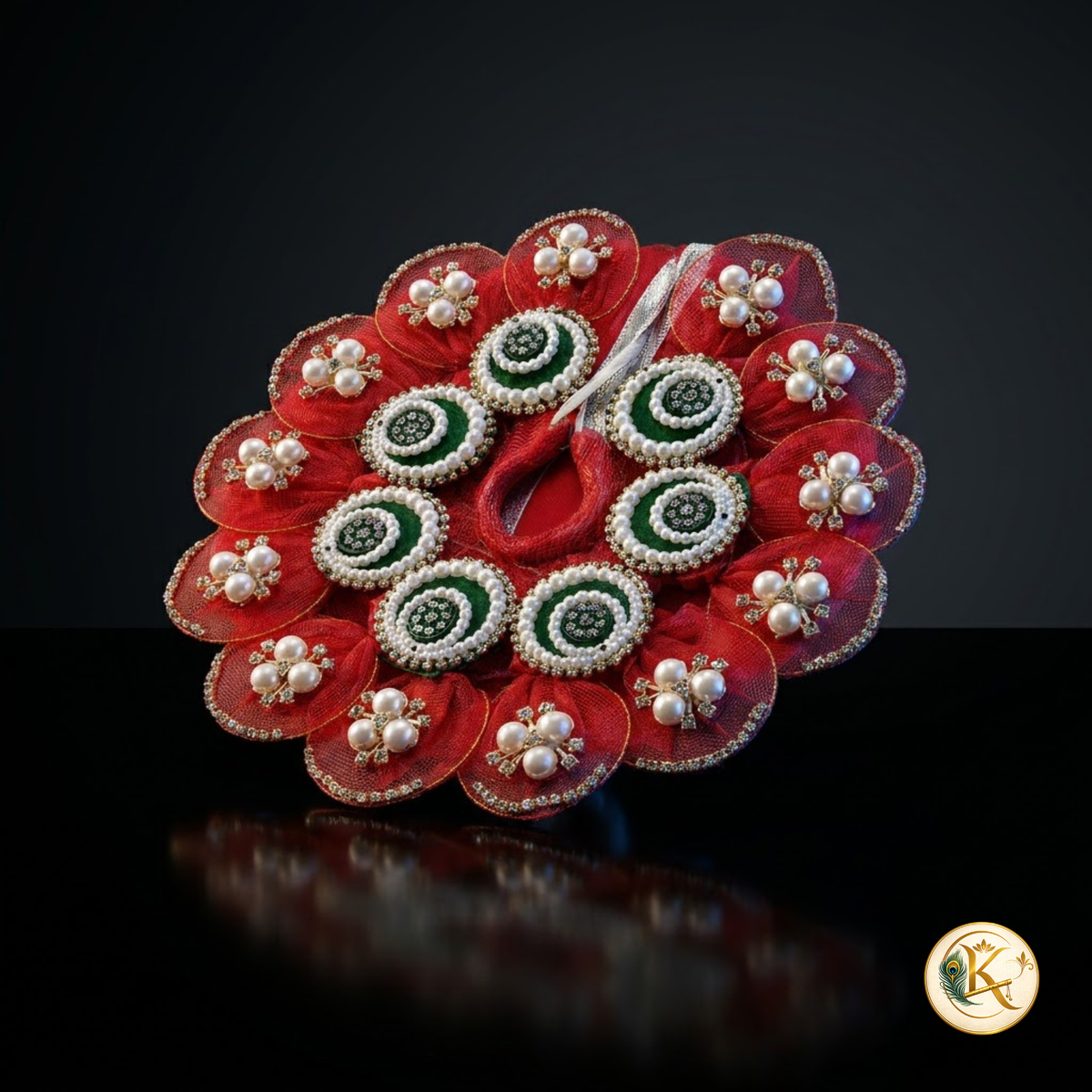🌸 Laddu Gopal Red Flower Poshak Set with Designer Mukut, Mala & Free Bansuri