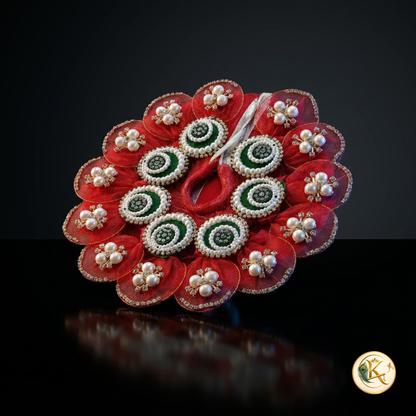 🌸 Laddu Gopal Red Flower Poshak Set with Designer Mukut, Mala & Free Bansuri